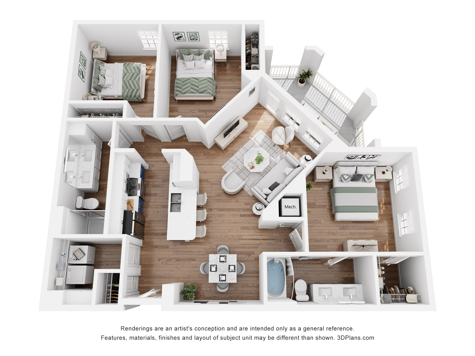Floor plan for 3 beds, 2 baths, 1275 sqft